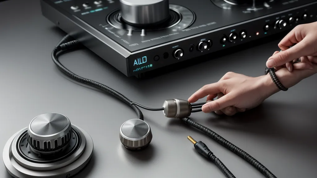 Eine Hand justiert den Lautstärkeregler an einem Audio-Interface im Home-Studio-Setup
