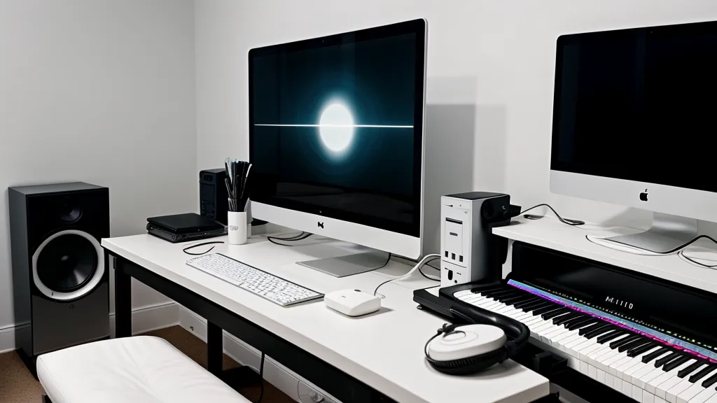 Minimalistisches Home-Studio-Setup für einen Online-Klavierkurs mit Laptop, Interface und Kopfhörern am Abend