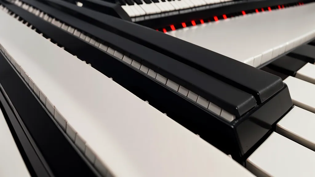 Ergonomie am Piano: Lichtreflexe und Schatten auf glänzenden Klaviertasten beim Üben am Abend