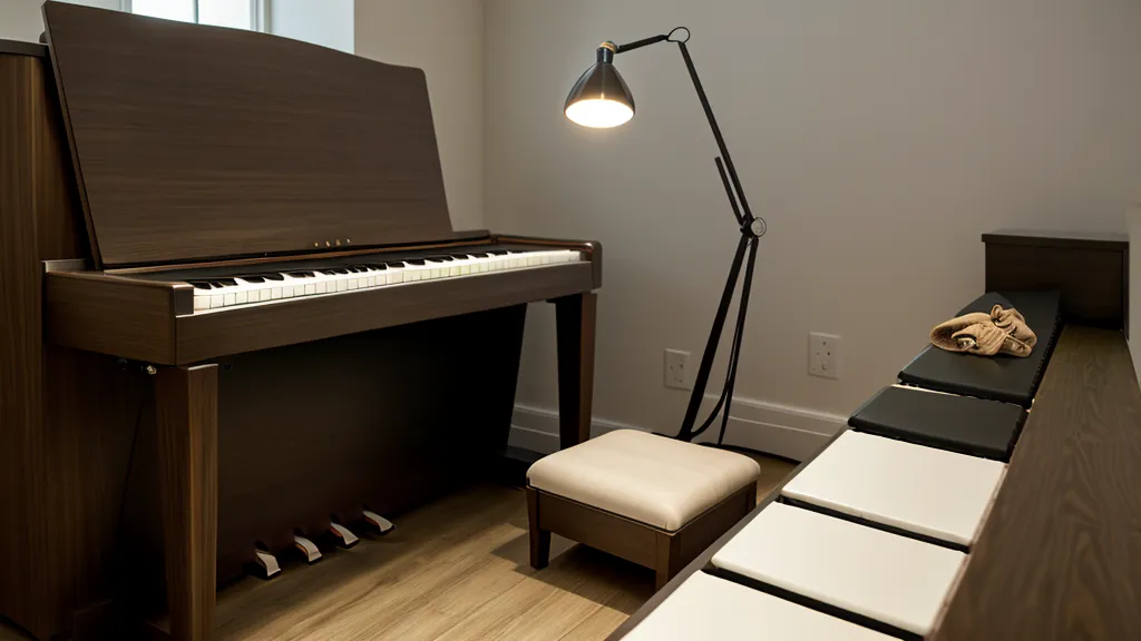 Kopfhörer und Metronom auf einem Klavier in einem aufgeräumten Arbeitszimmer