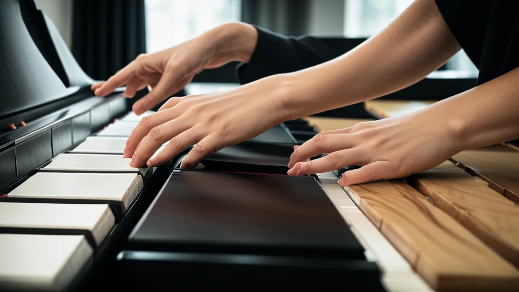 Klaviertechnik für Wiedereinsteiger: Hände spielen einen Akkord auf einem E-Piano, Fokus auf präzises Pedalspiel