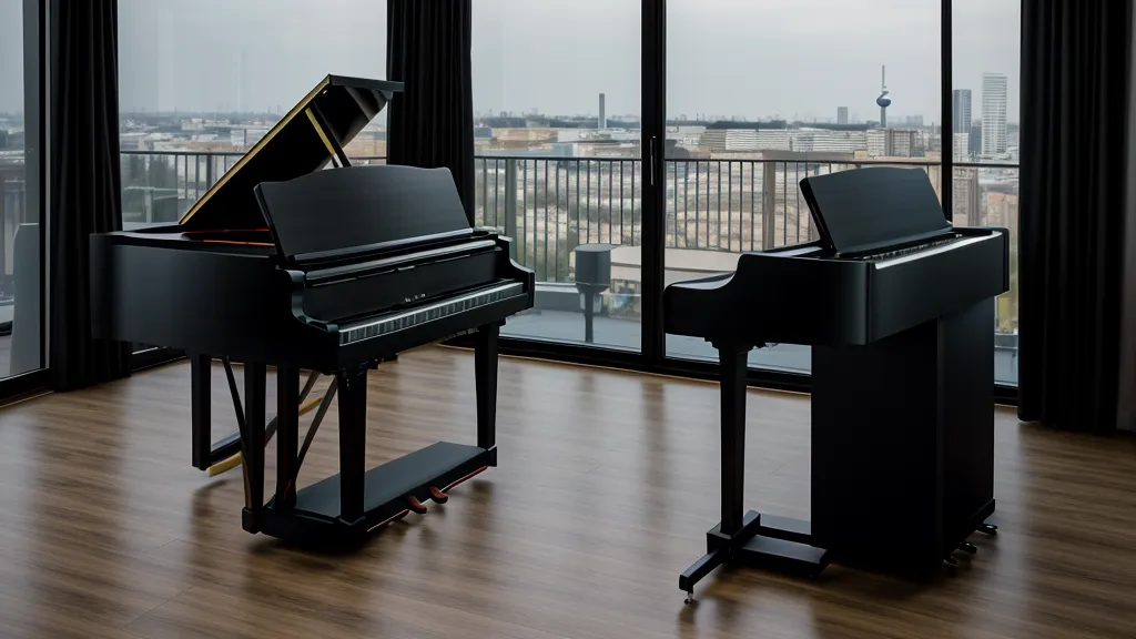 Klavier-Setup im Wohnzimmer mit Blick auf die Stadt bei Nacht