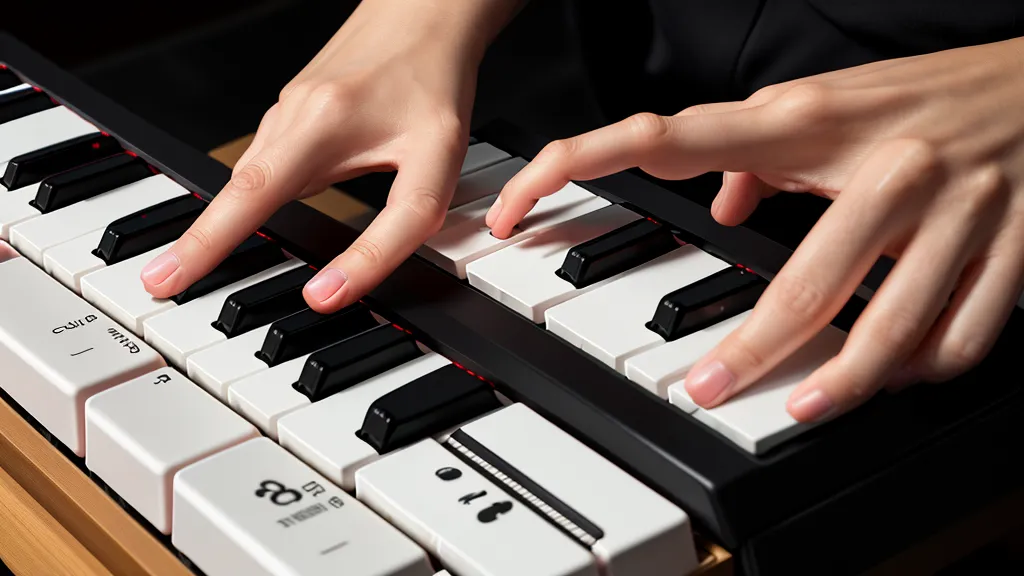 Nahaufnahme der Tasten eines Digitalpianos beim Klavier lernen online mit der Keyboard-X-Oberfläche am Abend.