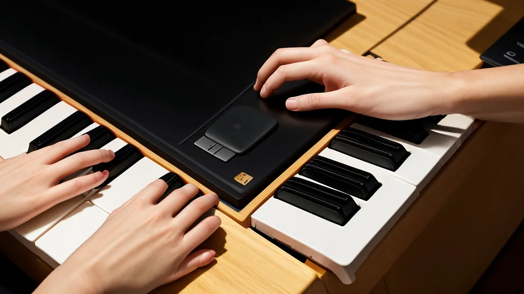 Hände eines Klavierspielers auf einer Tastatur mit einem Tablet als Notenständer.