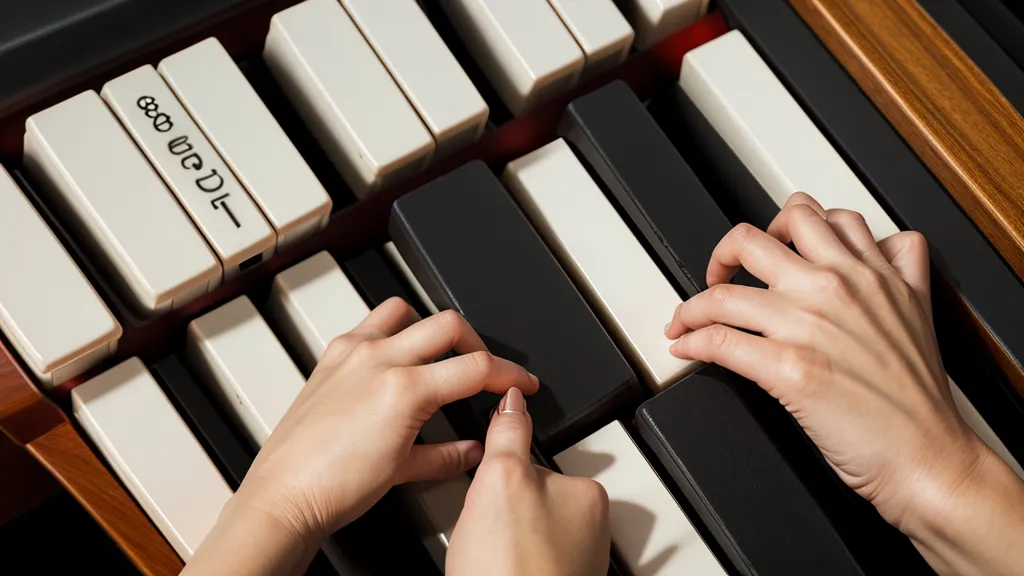 Hände eines erwachsenen Anfängers auf den gewichteten Tasten beim Keyboard-Vergleich mit 88 Tasten.