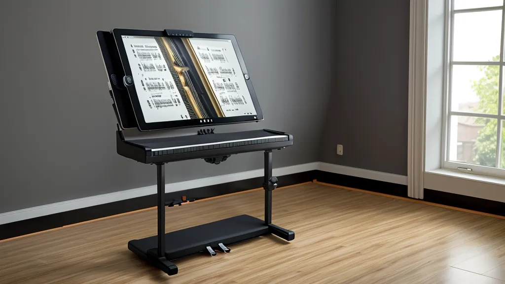 Tablet mit Online-Keyboardkurs auf dem Notenständer – Musik-Methodik im Kursvergleich
