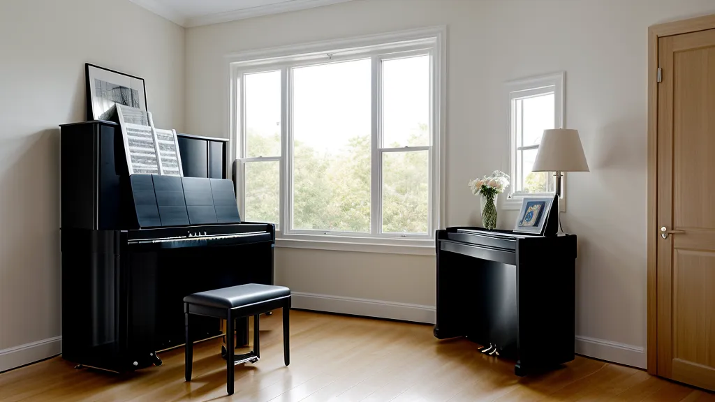 Digitalpiano mit Kopfhörern und Laptop in einem modernen Heimbüro