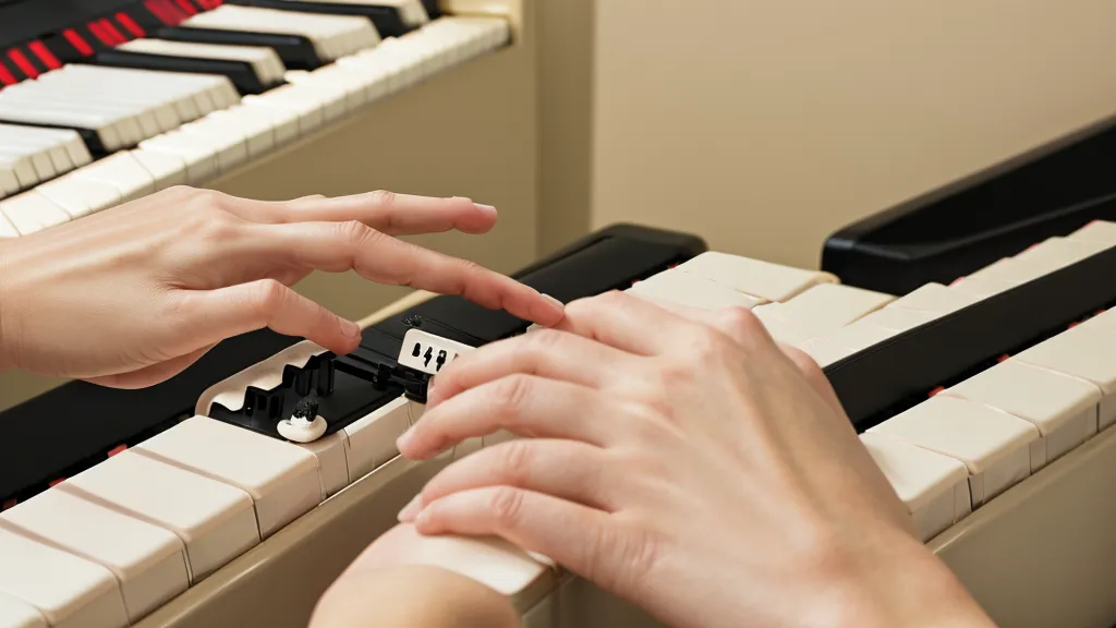 Nahaufnahme einer Hand am Digitalpiano mit Fokus auf die USB- und MIDI-Verbindung für die Latenz-Optimierung
