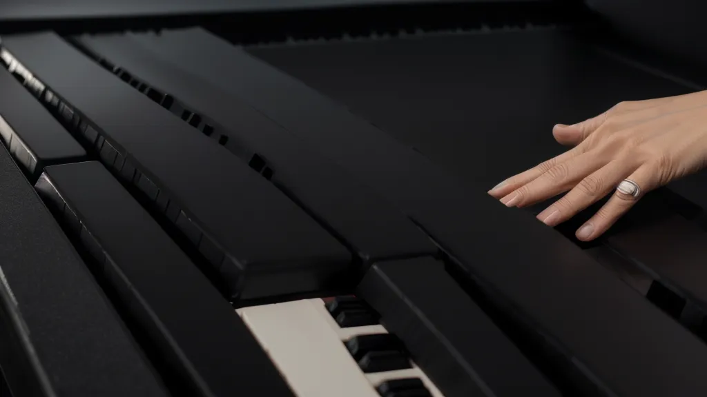 Hände auf den Kunststofftasten eines Digitalpianos beim abendlichen Üben mit Kopfhörern