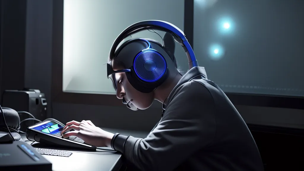 Ein Mann mit Kopfhörern übt nachts am Digitalpiano im gedimmten Licht.