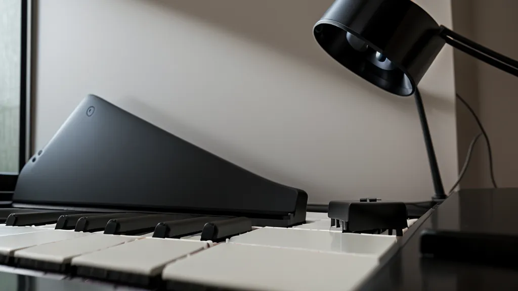 Ergonomische Platzierung eines Laptops über dem Digitalpiano mittels eines stabilen Haltearms.