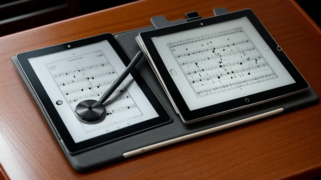 Tablet mit Online-Klavierkurs auf einem Notenständer neben Architektenwerkzeugen.