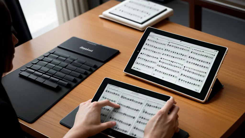 Nahaufnahme eines Tablets mit einem komplexen Klavier-Lehrplan auf einem Notenständer.