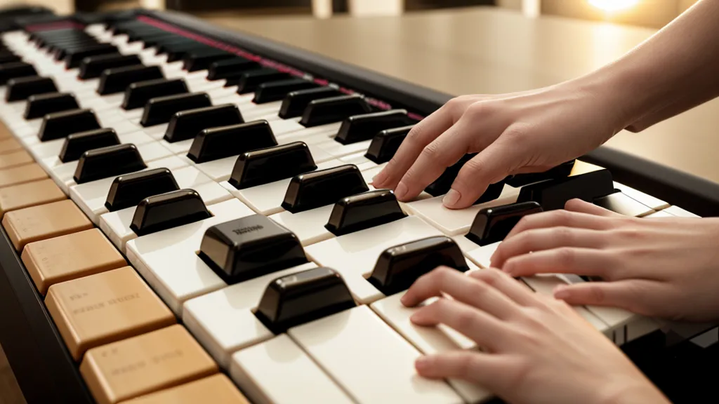 Hände beim Klavierspielen auf einem Keyboard mit daneben liegenden Kopfhörern bei Abendlicht.