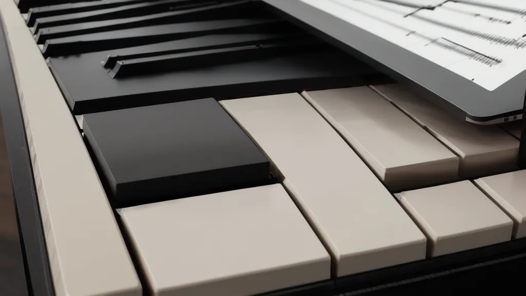 Kursinterface eines Online-Klavierkurses mit Lehrer-Feedback auf einem Laptop neben dem Keyboard