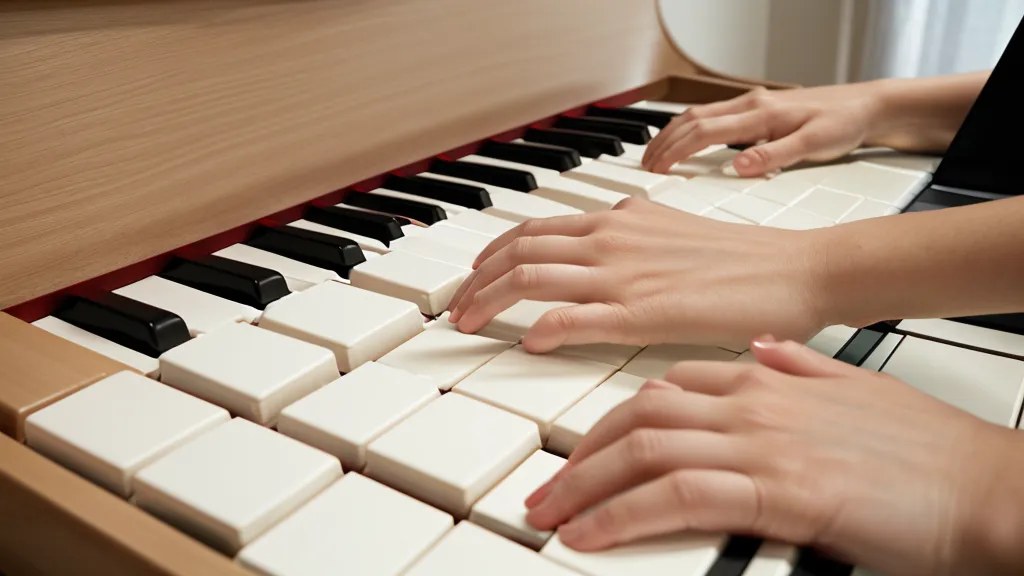 Nahaufnahme von Händen auf einem Keyboard während eines Online-Klavierkurses
