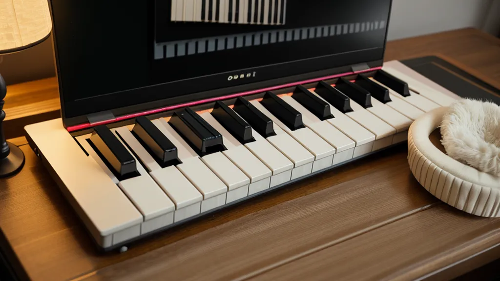 Online piano course interface on a laptop with studio headphones