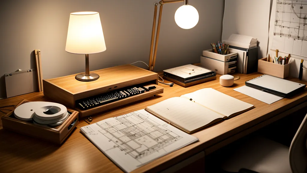 Architect's workspace with musical elements and blueprints