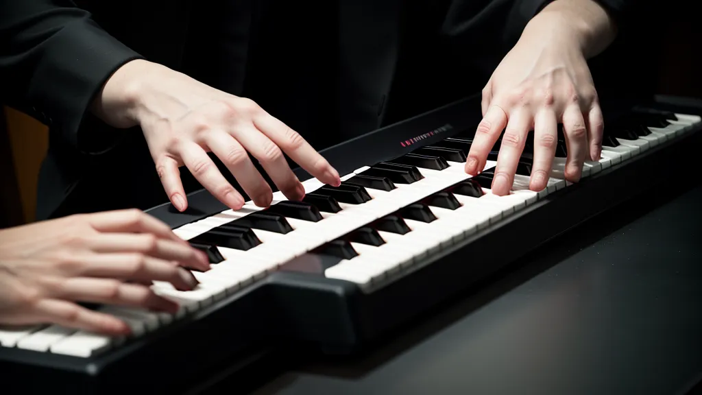 Nahaufnahme von Händen am Keyboard mit Noten auf einem Tablet und Bauplänen im Hintergrund – RS-Piano-Akademie Test zeigt Lehrplan-Struktur für Klavier lernen als Erwachsener.