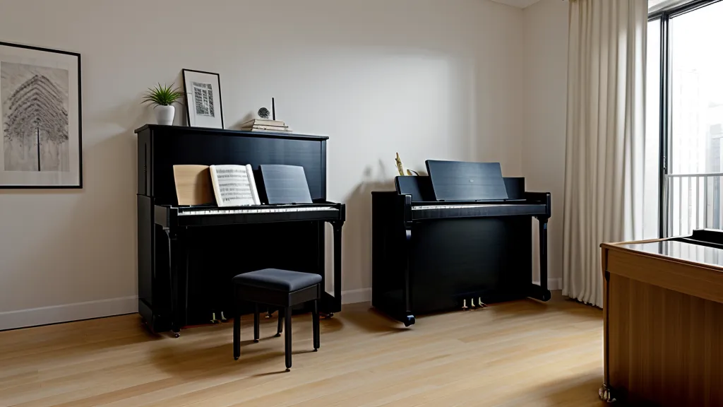 Studiokopfhörer liegen auf den Tasten eines Digitalpianos in einer modernen Wohnung.
